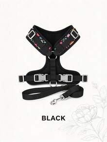 Dog Harness And Leash Set, Floral Pattern Double-Layer Breathable Mesh Vest Harness, Adjustable Soft Durable Pet Walking Leash Set, Suitable For Small And Medium Dogs - Black - View 3