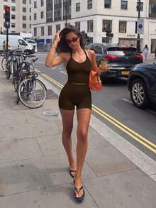 Women 2pcs Solid Color Ruched Halter Neck Cropped Tank Top + High Waist Butt Lifting Shorts Fitness Yoga Set - Brown - View 7