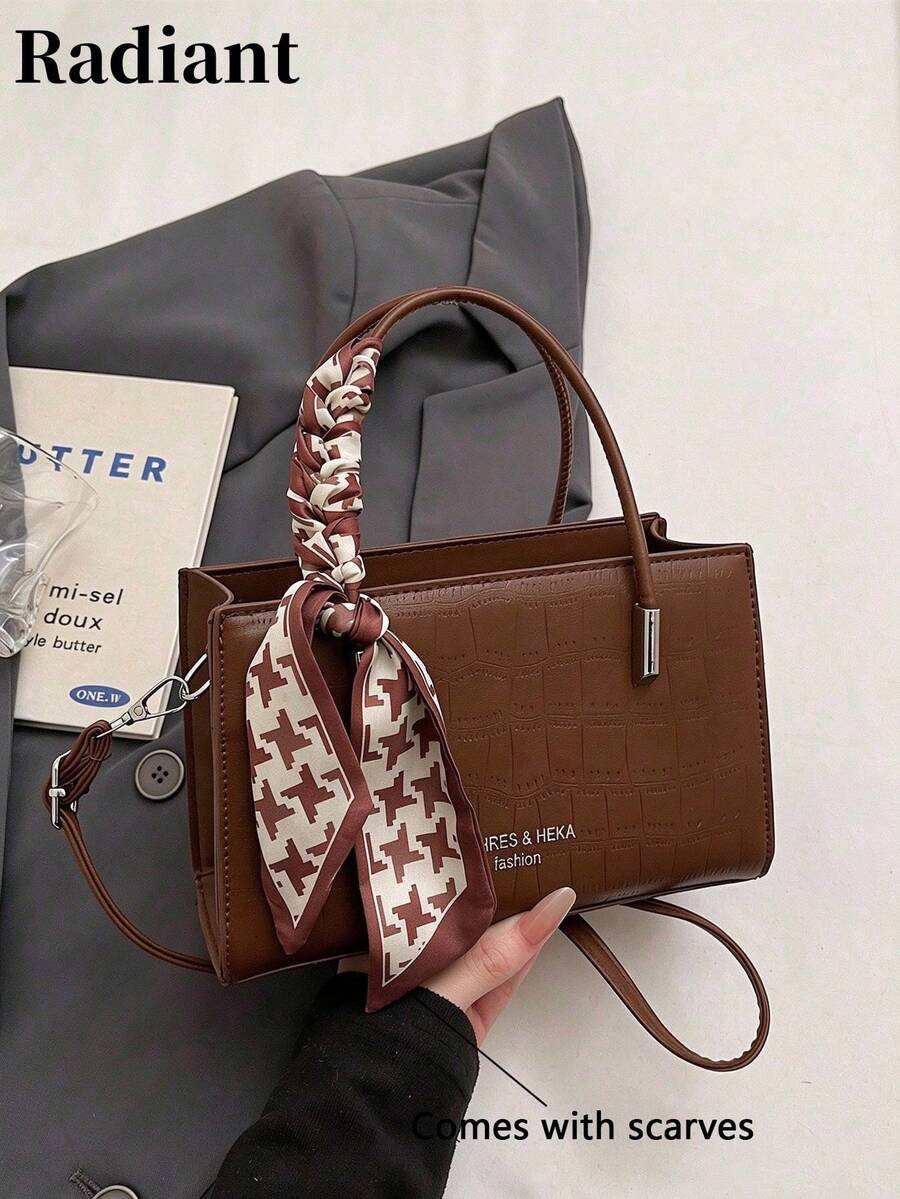 New Vintage Embossed Mini Square Handbag With Scarf, Zipper Adjustable Strap, Lightweight Minimalist Small Crossbody Bag - Brown - View 1