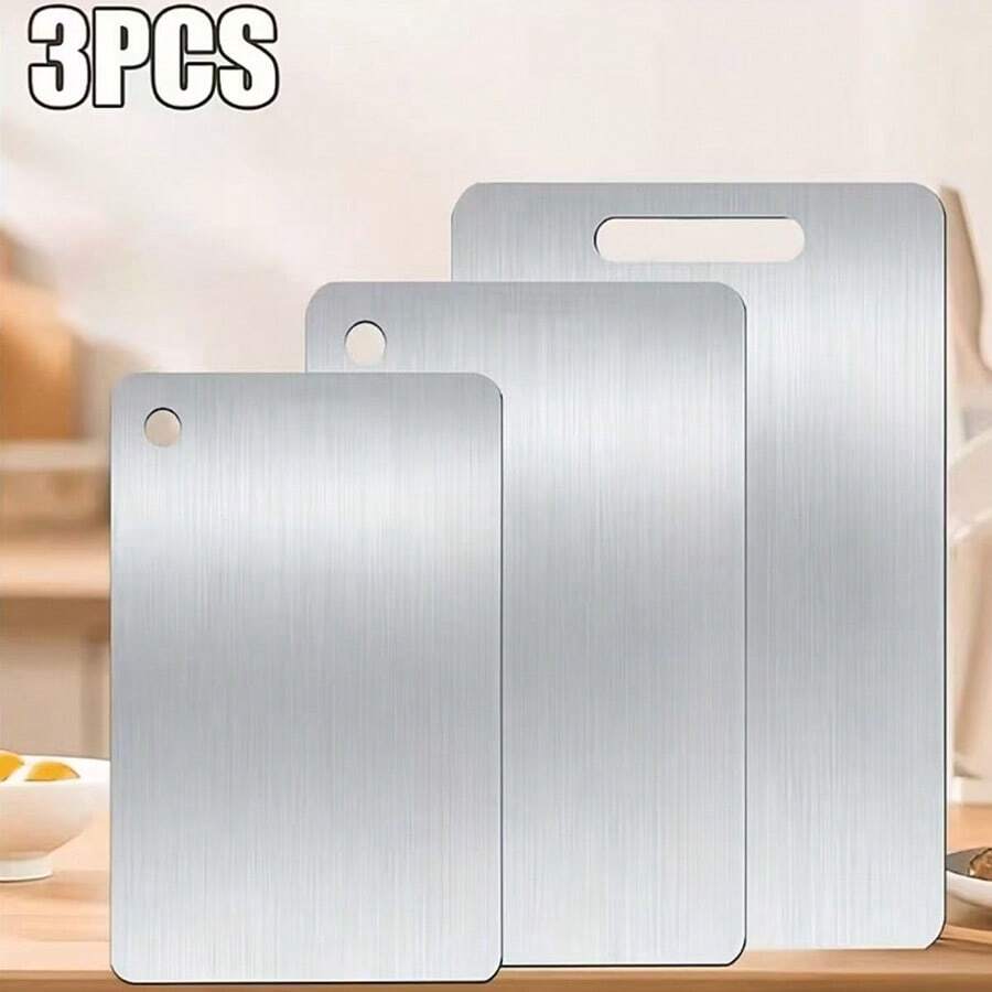 1pc/2pcs/3pcs Stainless Steel Cutting Board, Double-Sided Metal Chopping Board, Easy To Clean, Non-Stick, Space-Saving, Rust-Proof, Suitable For Fruits, Vegetables, Bread, Etc. - View 1