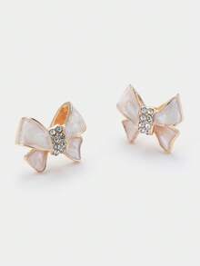 Sorayune 1pair Korean Fashionable Gentle White Ribbon Bowknot Design Earrings For Women With Small Gems, Retro Style - White - View 6