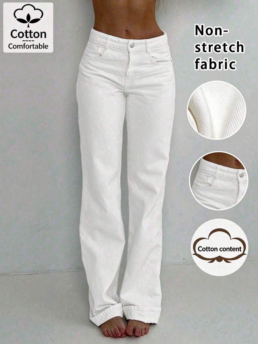 Women's White Straight-Leg Jeans - Slim Fit Casual Versatile Style Spring, Clean Girl Aesthetic Fall