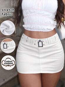A-Line Waist Belt Denim Skirt, Solid Color Casual Summer Style White - White - View 2