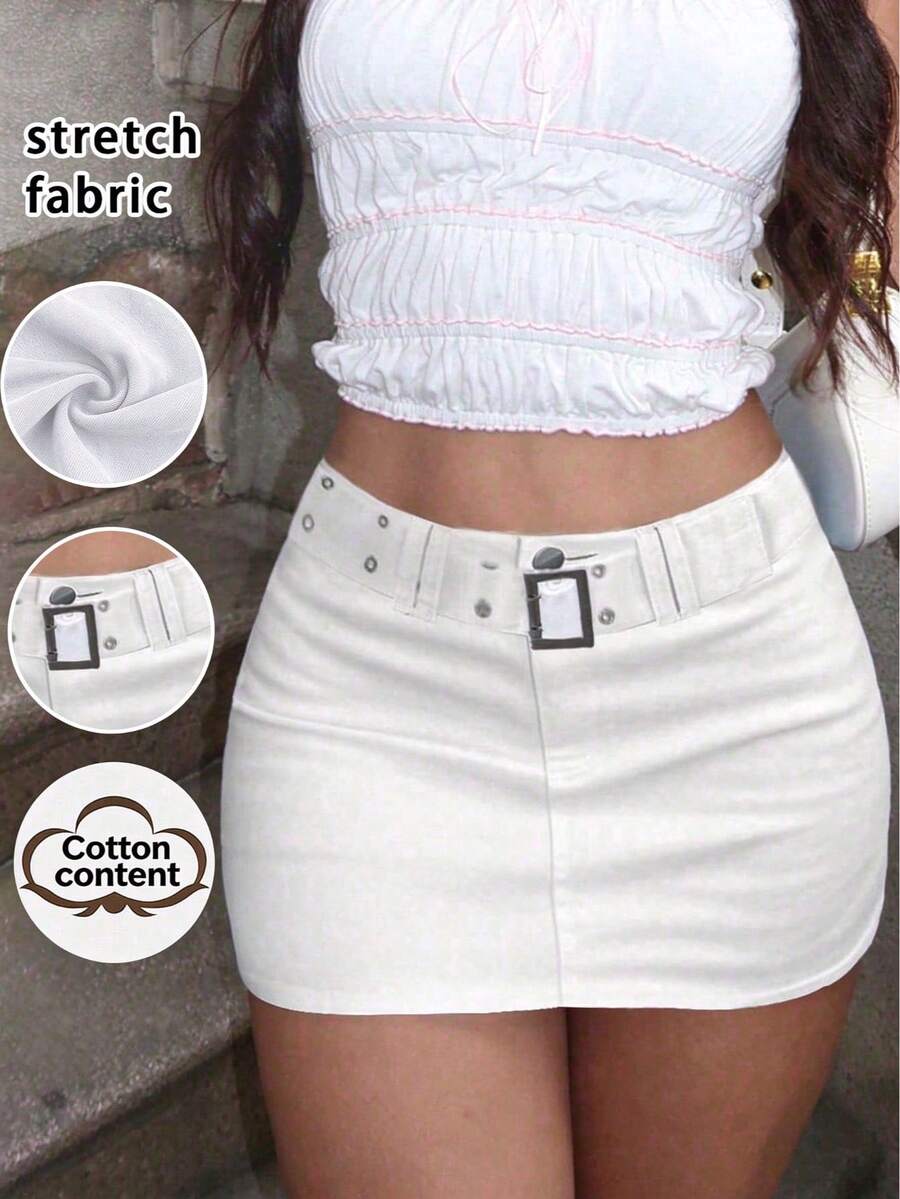 A-Line Waist Belt Denim Skirt, Solid Color Casual Summer Style White