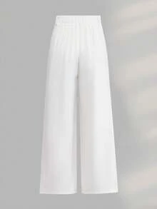 Women's Plus Size Minimalist Casual Fashion Commuter Style Solid White Side Pleated Design Versatile Daily Wear Loose Long Wide Leg Pants - White - View 2