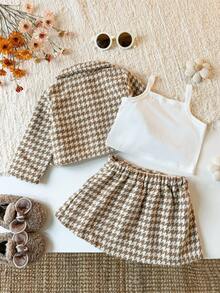 Autumn/Winter Baby Girl Academy Style Apricot Houndstooth 3 Pieces Set, Collared Jacket, Pleated Mini Skirt, Camisole Inner, 1st Birthday Photo Shoot Party Outfit - Brown - View 3
