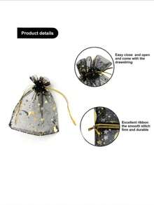 1pc/3pcs/5pcs 9*12cm Gold Foil Black Moon & Star Pattern Organza Drawstring Bags, Suitable For Jewelry Storage, Candy, Chocolate Packaging, Birthday, Party Gift Wrapping - Multicolor - View 6