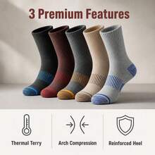 Men's 5 Pairs Color Block Striped Crew Socks, Breathable Cushioned Athletic Hiking Socks, Anti-Wear Sports Mid Calf Socks - Multicolor - View 2