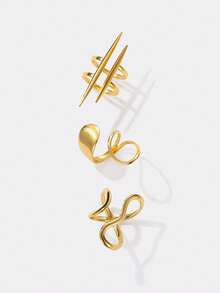 Kryxie 3pcs Stainless Steel 18K Gold Plated Minimalist Fashion Geometric Line Rings Set Suitable For Women's Daily Wear - Multicolor - View 3