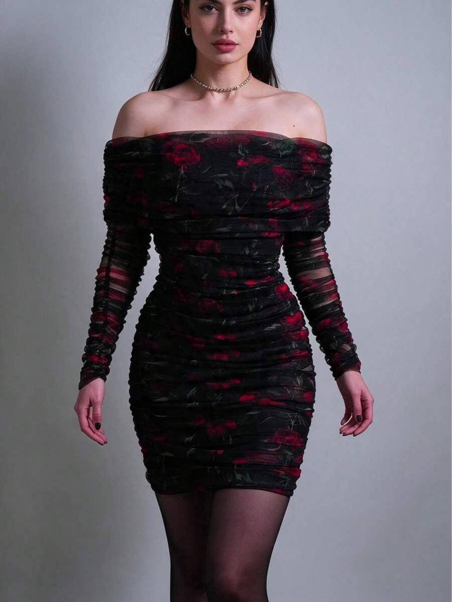Women's Elegant Red Rose Floral Cold Shoulder Long Sleeve Ruched Fitted Mini Dress, Suitable For Prom, Party And Glamorous Sexy Halloween Dark Style - Black - View 1