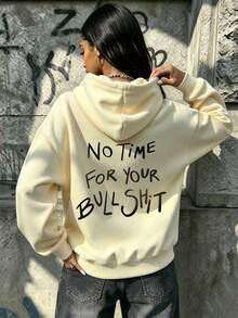 女款秋冬連帽衛衣，印有「No Time For Your」文字，柔軟舒適，抓絨內裡休閒上衣 - 杏色 - 查看 4