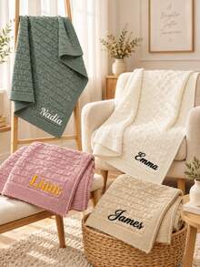1pc Custom Embroidered Knit Throw Blanket, Personalized Name & Custom Text Design, Solid Color Semi-Circular Floral Knit Pattern, 4 Color Options, Ideal Holiday Gift For Family Members, Bedroom & Sofa Home Decor - Multicolor - View 8