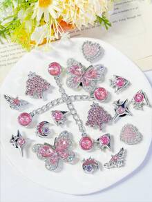 18pcs Silver Base Pink Rhinestone Chain Shoe Charms Butterfly Heart Four-Point Star Flower Detachable DIY Accessories Fit Perforated Sandals Slippers Holiday Gift - Silver Pink - View 5