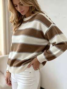 Plus Size Round Neck Striped Colorblock Knit Pullover Sweater - Apricot - View 4