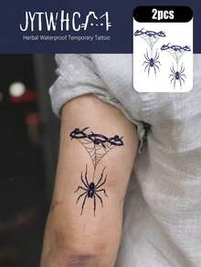 2Pcs Herbal Waterproof Temporary Transfer Tattoo,Dark Halloween Gothic Style, Spider & Cobweb Pattern, Delicate Line Details, Long Lasting Fake Tattoo Stickers, Body Art Decals For Women, Suitable For Neck, Back, Arm, Party & Daily Decoration - Dark Grey - View 2
