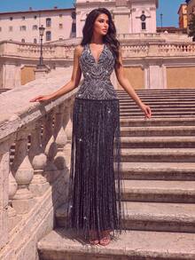 Romantic Halter Sequin Dress, Women's Sleeveless Glamorous Long Gown With Ruched Bust, Fitted Waist, And Fringe Detail - Black - View 6
