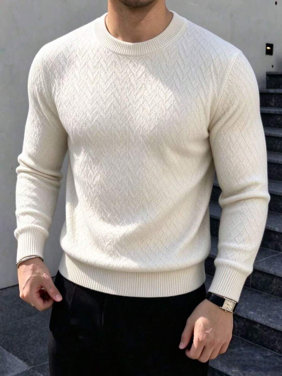 Men's Autumn/Winter Solid Color Knit Sweater, Minimalist Casual Versatile Commute Business Pullover - White - View 1