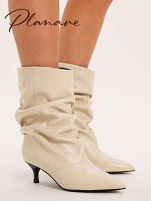 planare New Women's Fashion Personalized Ruched Mid-Calf Beige Boots, Slip-On Pointed Toe Kitten Heel Street Casual Slouchy Boots, Slimming - Beige - View 1