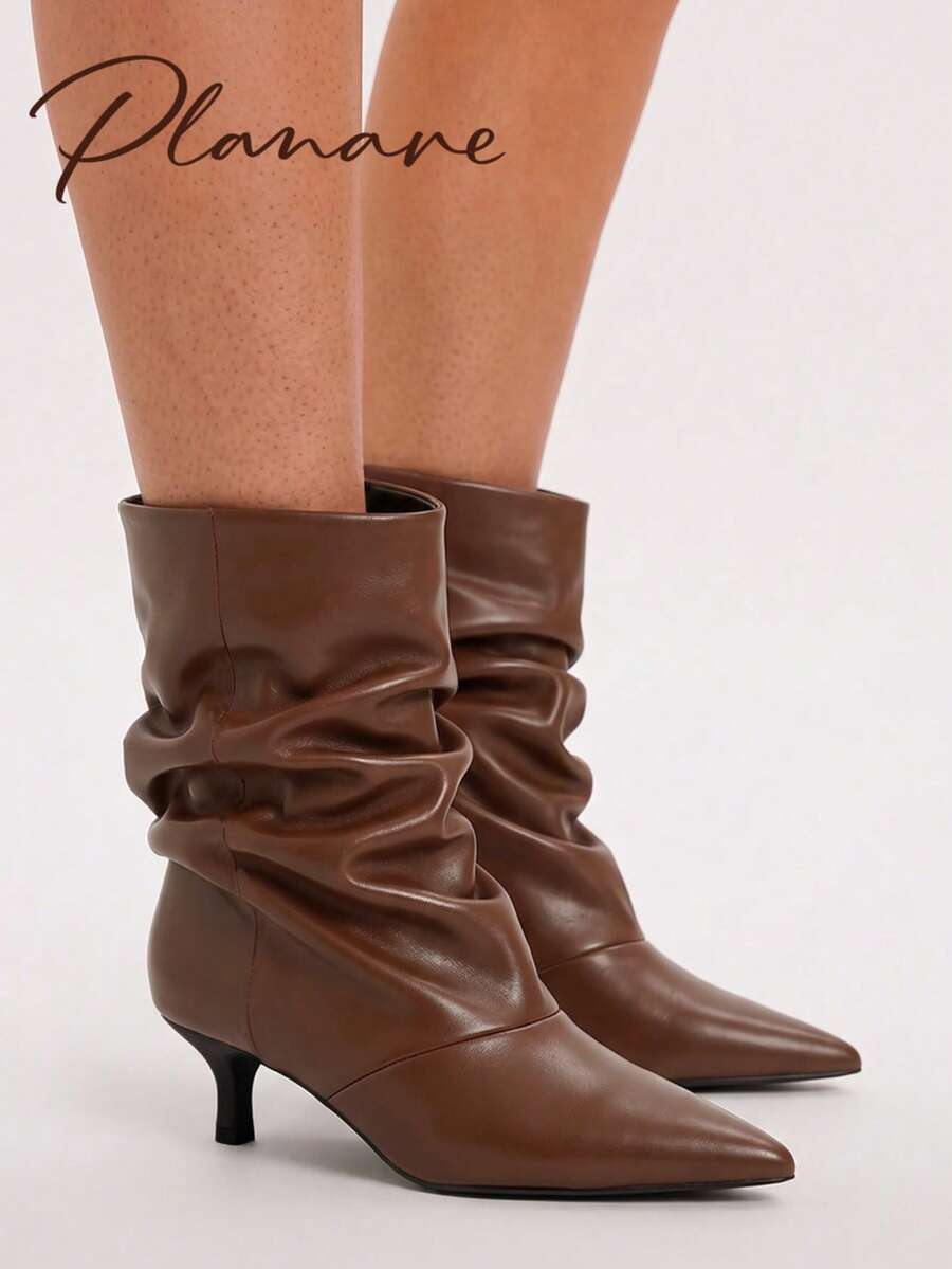 planare New Women's Fashionable Personalized Ruched Mid-Calf Brown Boots, Slip-On Pointed Toe Kitten Heel Street Casual Slouchy Boots, Slimming - Brown - View 1