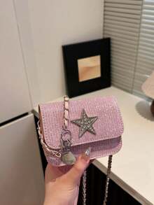 1pc Fashionable Sweet Shiny Star Crossbody Bag, Super Popular Chain Multifunctional Exquisite Small Bag, Compact And Delicate, Mini Lipstick Bag, Fashionable Chain Shoulder Strap, Decorated With Sweet Five-Pointed Stars, Suitable For Outings, Shopping, Daily Use, Travel, Versatile Square Bag Shape, Perfect Gift - Multicolor - View 4