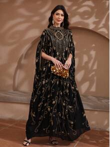 JINLICX Luxury Black Chiffon Kaftan Gold Leaf Sequin & Rhinestone Hand Beaded Cape Maxi Dress, - Black - View 3
