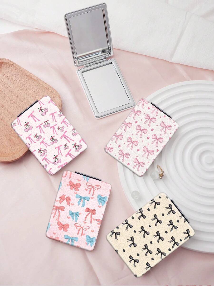1PC Millennium Y2K Series Portable Vanity Mirror, Foldable Lightweight Ultra-Thin Convenient Hand Mirror, Durable PU Leather, Suitable For Multiple Scenarios And All People, Foldable Rectangular Mirror, Pocket Mirror, Fresh Heart Bow Cherry Pattern Design, Exquisite Delicate Structure, Durable Reliable Shockproof, Easy To Carry, Handheld Makeup Mirror, 180° Flip Cover, Multi-Functional Mini Mirror, Compact Mirror, Mirrors For Daily, Holiday, Birthday, Valentine's Day - Multicolor - View 1