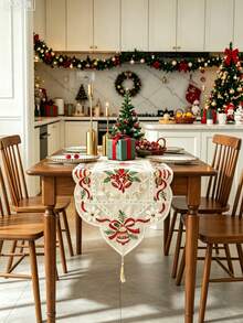 1pc 100% Polyester Embroidered Lace Christmas Table Runner With Tassels, Semi-Transparent Bell Flower Pattern, Christmas Tabletop Decor - Multicolor - View 1