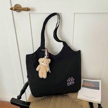 Minimalist Embroidered Canvas Tote Bag Large Capacity Student Shoulder Bag Cute Bear Pendant Casual Commute Handbag - Multicolor - View 6