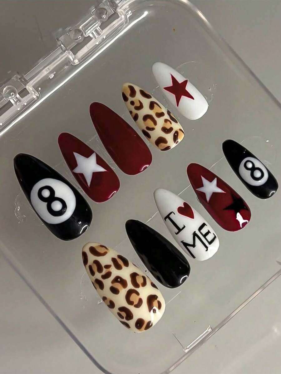 30pcs Cartoon Long Almond Shape Leopard Print And Star Design French Style Press-On Nails, Set Includes: 1pc Jelly Glue And 1pc Nail File, Autumn Nails, 2010 Nails, Fall Nails And Brown Nails Suitable For Girls And Women Daily Work Use - Multicolor - View 1