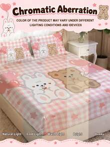 2/3件組可愛白色兔子與棕色熊圖案床單套組，包含床單與床墊保護墊，粉色與白色格紋搭配星星與愛心裝飾，柔軟舒適透氣，適合四季使用，適用所有床尺寸（單人/雙人/加大/特大），深口袋設計，適合臥室、宿舍、飯店，可機洗 - 彩色 - 查看 6