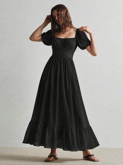 Rusttydustty Women's Bohemian Vacation Elegant Casual Cinched Waist Black Chiffon Long Dress With Short Sleeves And Ruffle Hem Summer