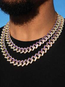 Men's Rhinestone Diamond Rhombus Cuban Link Necklace, Dual-Color Blue & Transparent Hip Hop Chain, Gold/Silver Exaggerated Rapper Jewelry, Suitable For Party & Daily Wear - Two-tone Diamond Cuban Link Chain - View 1