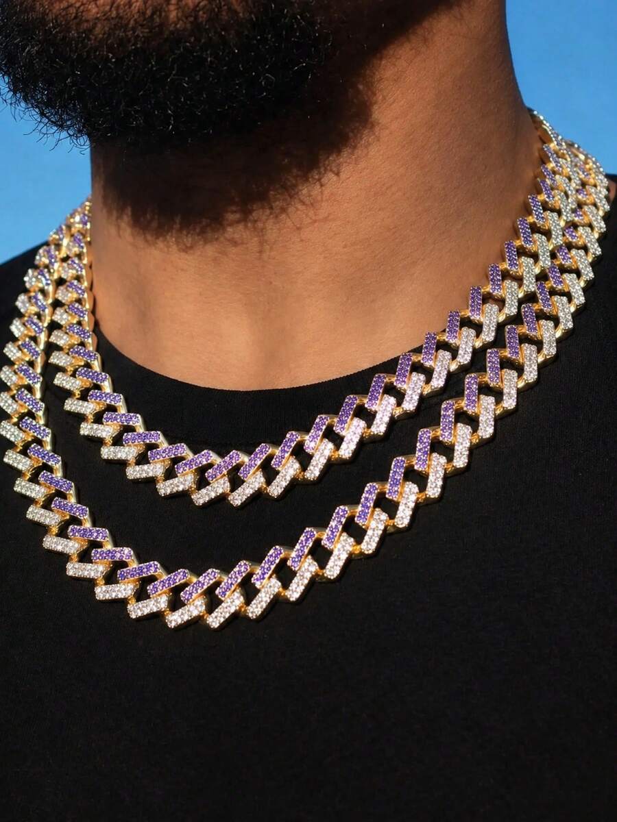 Men's Rhinestone Diamond Rhombus Cuban Link Necklace, Dual-Color Blue & Transparent Hip Hop Chain, Gold/Silver Exaggerated Rapper Jewelry, Suitable For Party & Daily Wear - Two-tone Diamond Cuban Link Chain - View 1