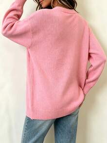 Plus Size Fall Winter Pearl Detail Knit Cardigan, Ladies V-Neck Button Front Long Sleeve Slim Commute Daily Outer Sweater - Pink - View 4