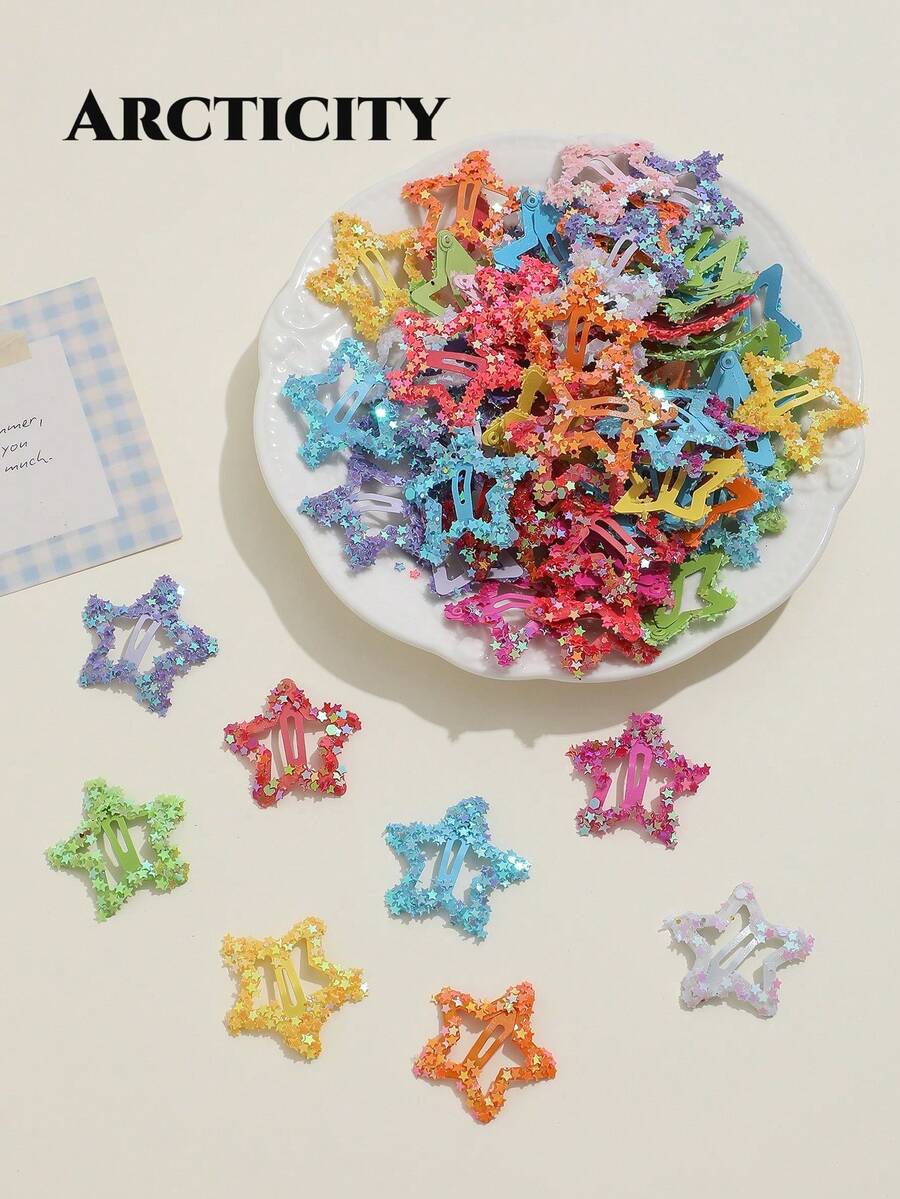 Arcticity 10pcs Women's Mixed Color Glitter Star Fashion Basic Hair Clips, Shiny Hair Accessories, Valentine's Day Hair Clip Set