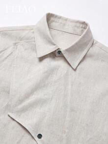 FEIAO Men's Vintage "Old Money Style" Solid Color Linen Button-Down Long Sleeve Shirt, Casual Commute Versatile - Beige - View 6