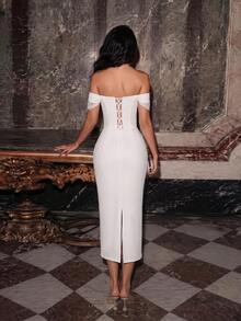 ADYCE Elegant Off Shoulder Waisted Backless BodyconTie-Back Sequin Beaded Lace Fishbone Prom Gown Homecoming Wedding Guest Formal Dinner Midi Christmas - White - View 2
