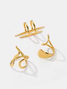 Kryxie 3pcs Stainless Steel 18K Gold Plated Minimalist Fashion Geometric Line Rings Set Suitable For Women's Daily Wear - Multicolor - View 2
