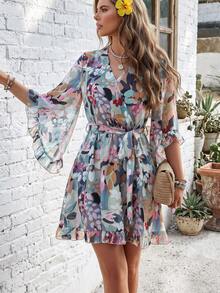 PoPoHouse Printed Mini Dress, Women's Lightweight Flared Sleeve With Belt Elegant Vacation Beach Short Dress, Spring/Summer Daily Wear - Green - View 3