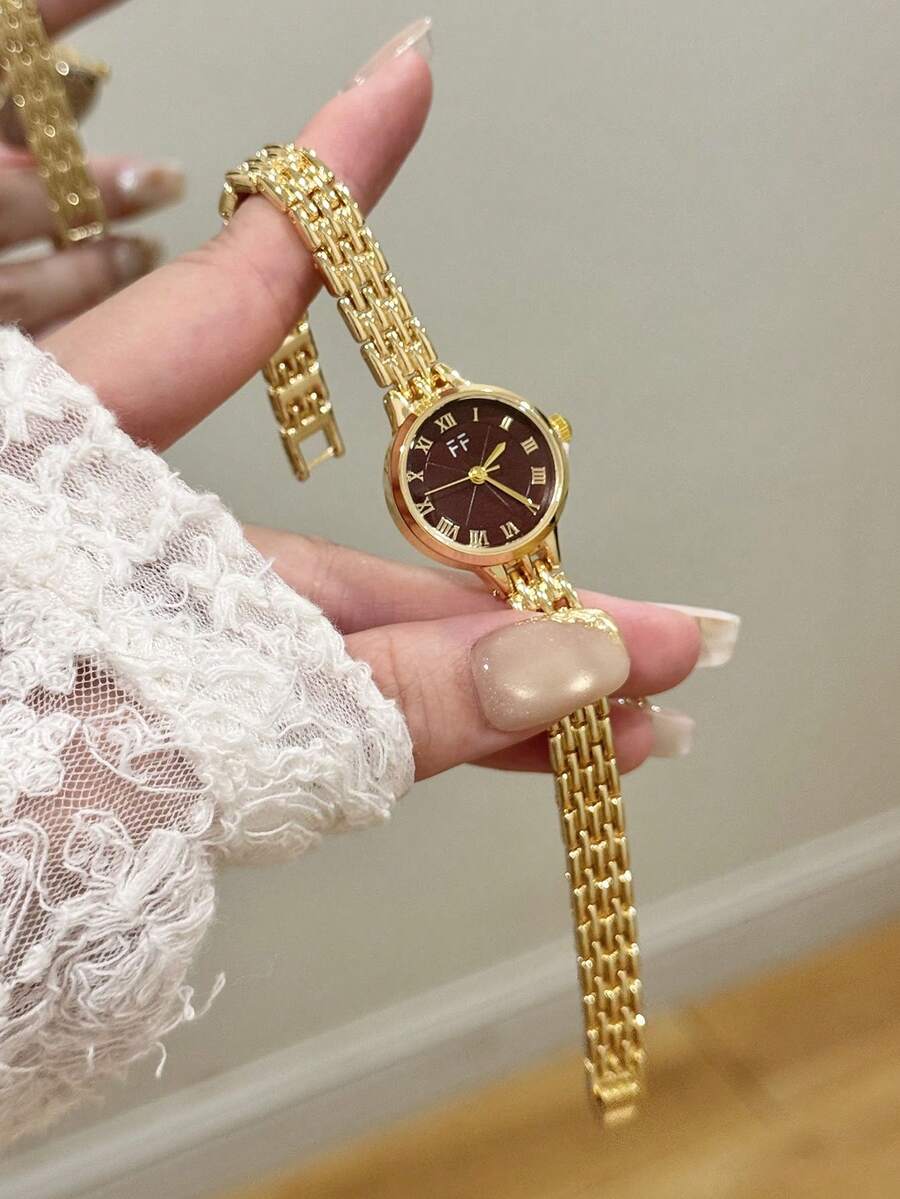 1件復古女款石英手錶,圓形錶殼,深紅色,小錶盤,羅馬數字刻度,時尚配件,適合日常配戴或送禮 - 金色 - 查看 1