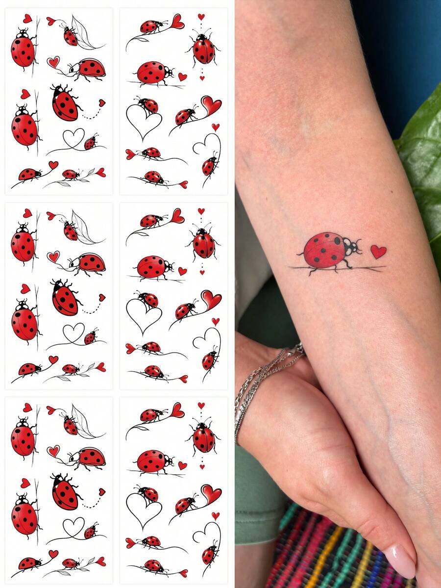 6 Sheets Ladybug Temporary Tattoos Stickers Birthday Party Favors Decorations Tattoo,Small Minimalist Ladybug Heart Sticker For Wrist, Finger For Women - Red - View 1