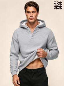 mulinsen Men's Velvet Sweatshirt, New Autumn/Winter Loose Fit Henley Collar Button Hooded Sweatshirt, Solid Color Casual Thickened Style - Light Grey - View 4