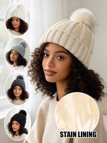 1pc Satin Lined Pom Pom Knit Beanie Hat, Thickened Warm Woolen Cap For Autumn/Winter, Anti-Frizz Versatile Cold Weather Hat - Pom-pom Style - View 1