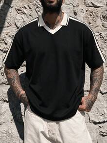 男士拼接條紋 Polo 領短袖休閒 T 恤 - 黑色 - 查看 1