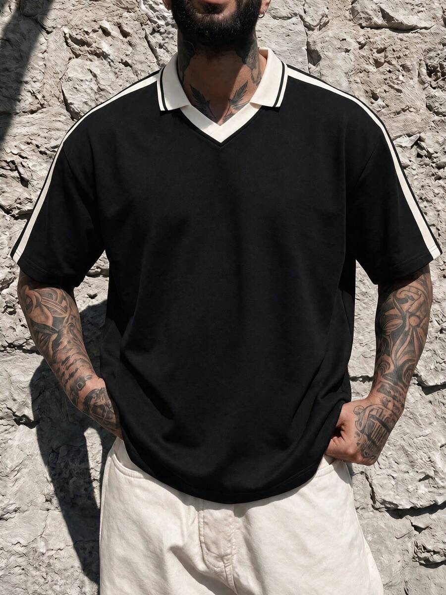 男士拼接條紋 Polo 領短袖休閒 T 恤 - 黑色 - 查看 1