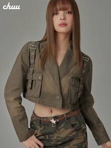 CHUU Tie-Dye Distressed Long Sleeve Blazer Women Spring Autumn Strap Pocket Utility Jacket Short Coat - Coffee Brown - View 1