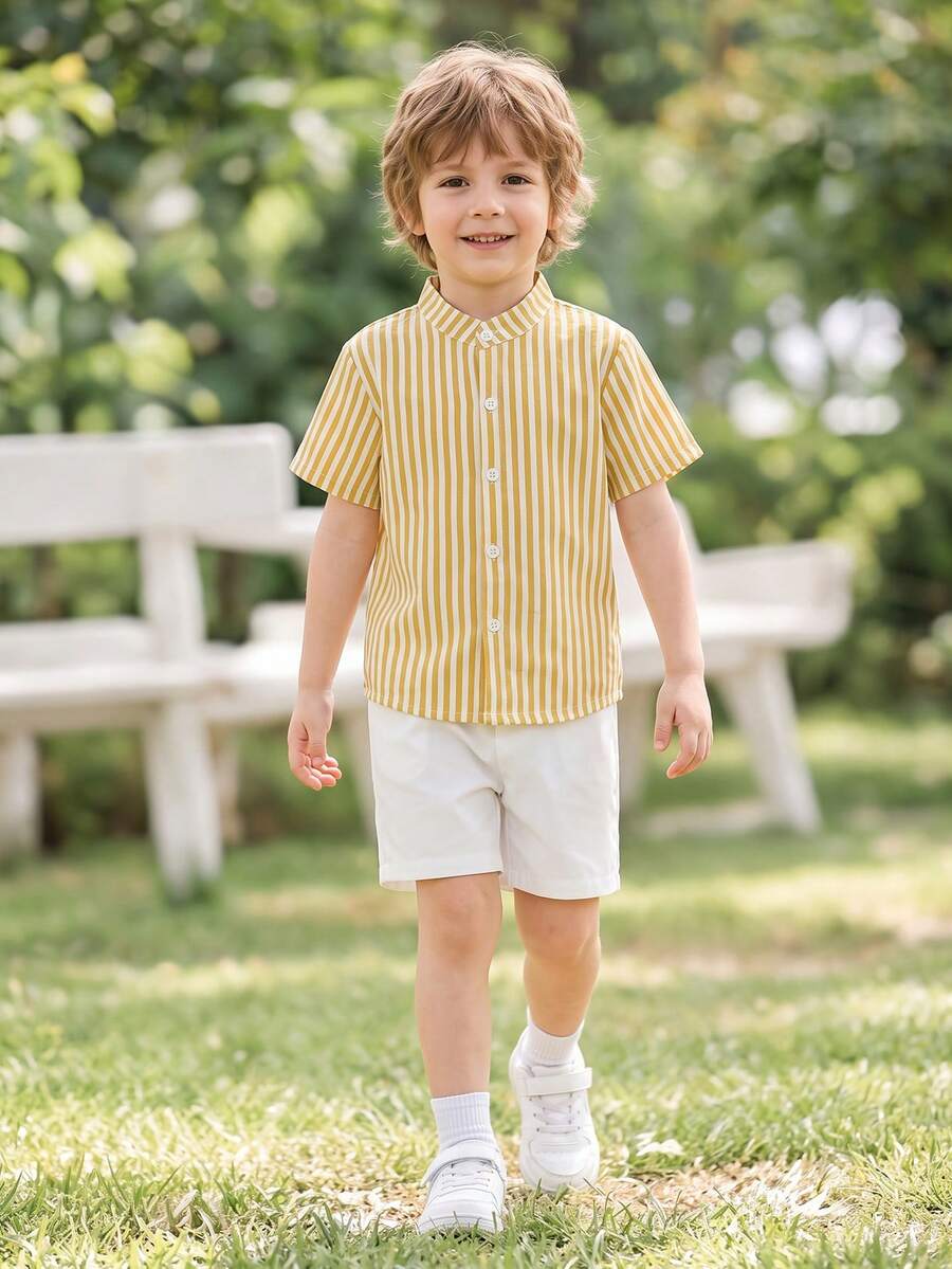Young Boy Striped Stand Collar Short Sleeve Shirt And Shorts Set - Yellow - View 1