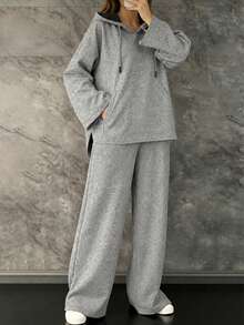 Women's Autumn/Winter Slouchy Mixed Color Hooded Top & Straight Leg Sweatpants Minimalist Casual 2-Piece Set - Grey - View 1