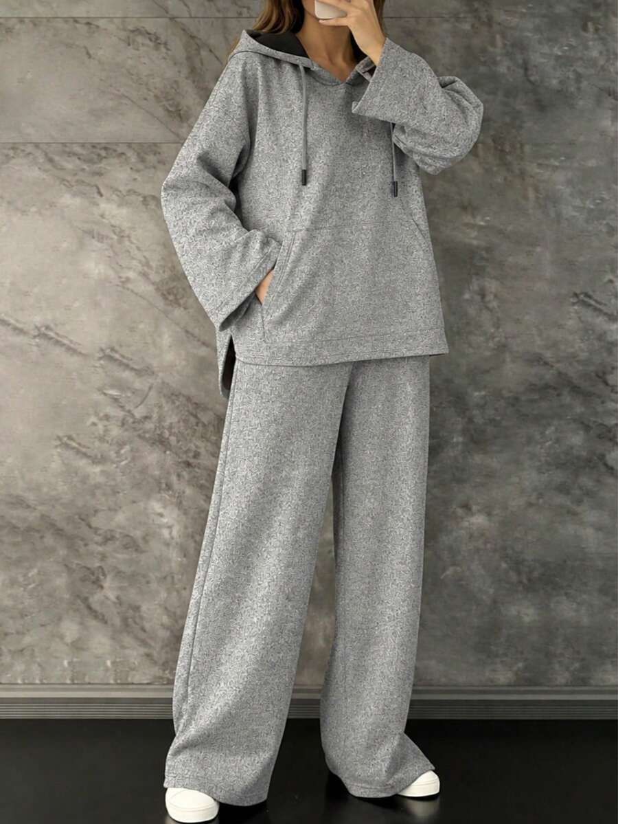 Women's Autumn/Winter Slouchy Mixed Color Hooded Top & Straight Leg Sweatpants Minimalist Casual 2-Piece Set - Grey - View 1