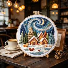 1pc Winter Night Snow Scene DIY Embroidery Kit With Hoop, Healing Starry Sky Cottage, Christmas Holiday Gift, Bedroom Home Decor Ornament - Multicolor - View 5